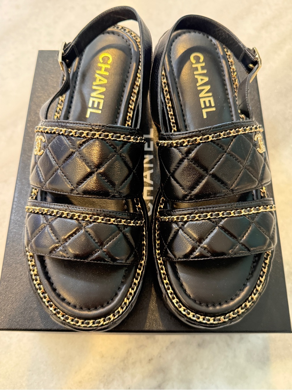 CHANEL Black Quilted Leather Platform Sandals with Gold Chain Trim NIB 25 A - Picture 3 of 8